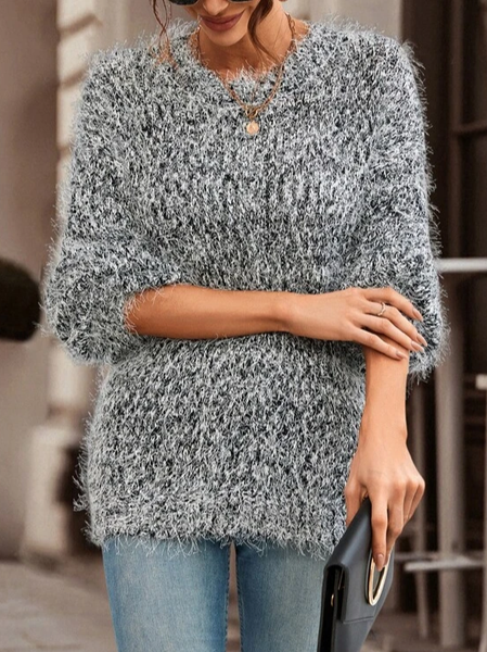 

Yarn/Wool Yarn Casual Loose Plain Sweater, Gray, Sweaters