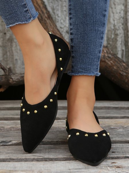 Plus Size Rivet Decor Pointed Toe Faux Suede Flats, Black, Flats