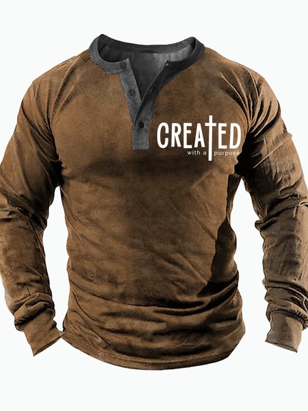 

Men's Created With A Purpose Funny Graphic Printing Casual Half Turtleneck Text Letters Regular Fit Top, Khaki, Long Sleeves