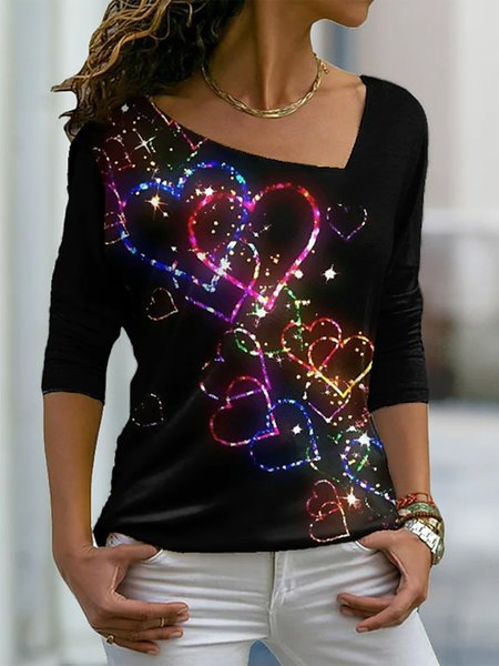 

Asymmetrical Polyester Cotton Casual Heart/Cordate T-Shirt, Black, T-Shirts