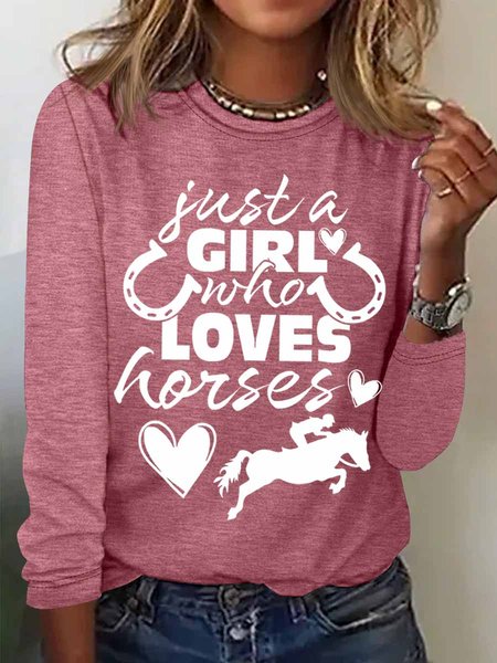 

Women's Funny Just a Girl Who Loves Horses Text Letters Regular Fit Cotton-Blend Long Sleeve Top, Pink, Long sleeves