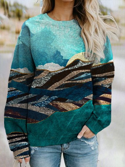 

Crew Neck Casual Landscape Print Sweatshirt, Multicolor, Sweatshirts & Hoodies