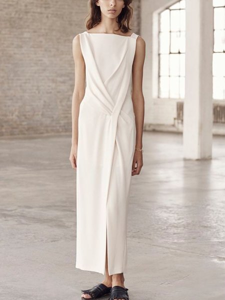 

Square Neck Micro-Elasticity Polyester Elegant Dress, White, Maxi Dresses