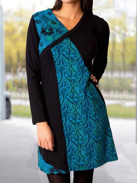 

V Neck Loose Casual Jersey Dress, Blue, Dresses
