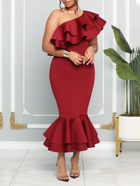 

Elegant Plain Cold Shoulder Maxi Party Dress, Red, Maxi Dresses