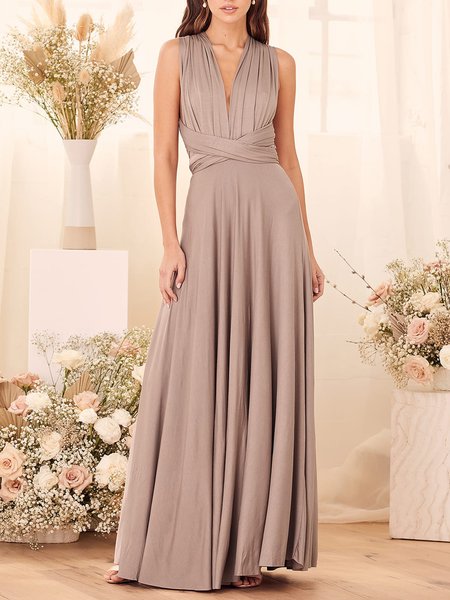 

Plain Elegant V Neck Long Wedding Dress, Nude, Maxi Dresses
