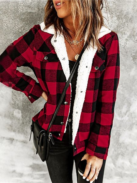 

Buttoned Casual Plaid Teddy Jacket, Red, Outerwear