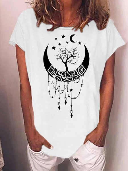 

Women's Crew Neck Casual Moon Tree T-Shirt, White, T-shirts