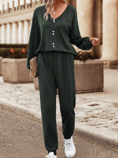 

V Neck Plain Casual Loose Two-Piece Set, Green, Suit Set