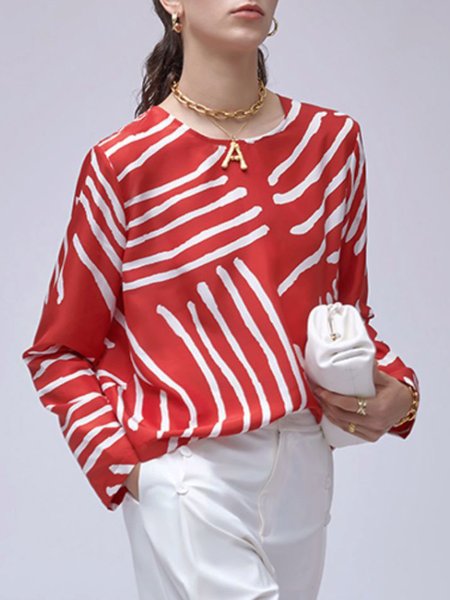 

Loose Urban Crew Neck Striped Blouse, Red, Blouses and Shirts