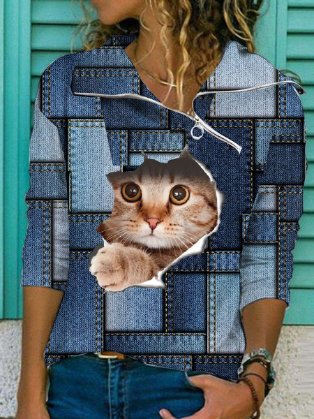 

Cat Zipper Shawl Collar Geometric Casual Top, Blue, Tops