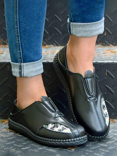 

Vintage Printing Split Joint Comfy Sole Flat Shoes, Black, Flats