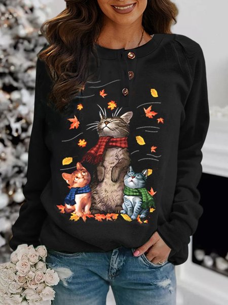 

Cute Cat Button Round Neck Casual Sweatshirt, Black, Hoodies & Sweatshirts