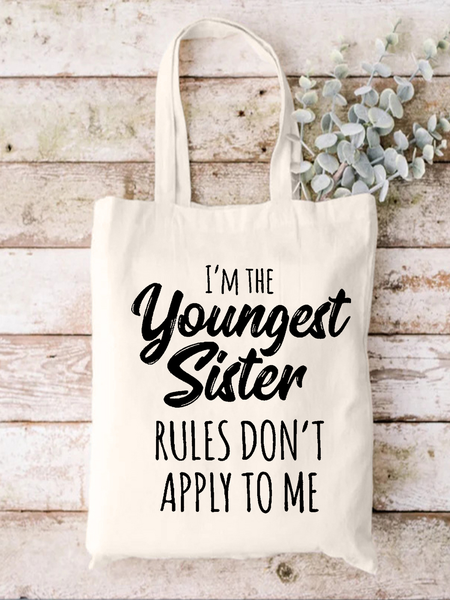 

I Am The Youngest Sister Family Text Letters Casual Shopping Tote Bag, White, Bags