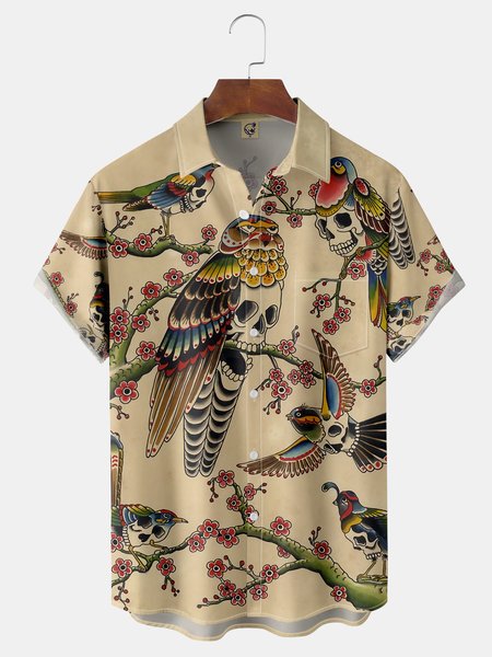 

Parrots Chest Pocket Short Sleeve Hawaiian Shirt, Khaki, Men Shirts
