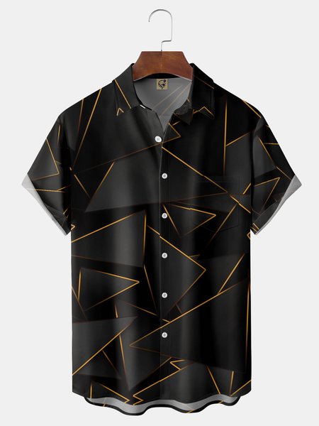 

Geometric Chest Pocket Short Sleeve Casual Shirt, Black, Short Sleeve Shirts