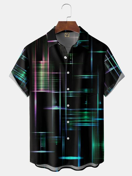 

Geometric Lines Chest Pocket Short Sleeve Shirt, Black, Men Shirts