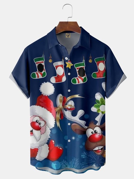 

Christmas Chest Pocket Short Sleeve Casual Shirt, Blue, Men Shirts