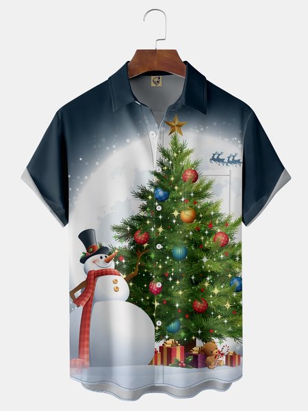 

Christmas Snowman Chest Pocket Short Sleeve Shirt, Blue, Men Shirts