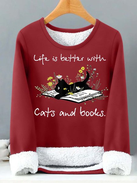 

Women’s Life Is Better With Cats And Books Casual Text Letters Sweatshirt, Red, Hoodies&Sweatshirts