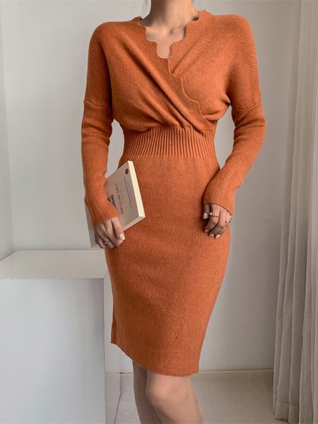 

Daily Elegant Plain Long sleeve Regular Fit Dress, Orange, Mini Dresses