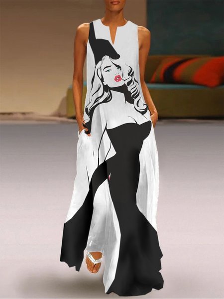 

V Neck Casual Regular Fit Color Block Dress, White, Maxi Dresses