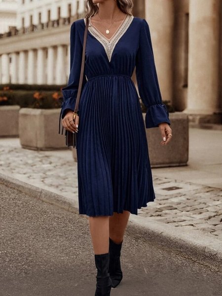 

Plain Casual Lace V Neck Loose Dress, Dark blue, Dresses