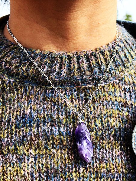 

Vintage Natural Amethyst Long Necklace Sweater Chain Boho Ethnic Jewelry, Silver, Necklaces