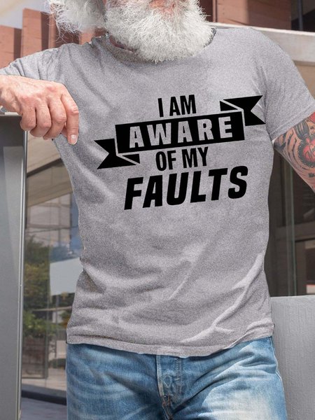 

Men’s I Am Aware Of My Faults Text Letters Cotton Fit Casual T-Shirt, Light gray, T-shirts