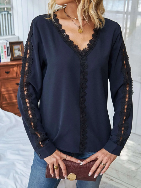 

Casual Contrast Lace V Neck Blouse, Dark blue, Tops