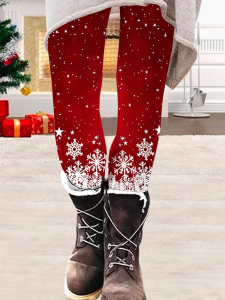 

Casual Christmas Snowflake Regular Fit Leggings, Red, Leggings
