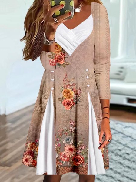 

V Neck Knitted Ethnic Regular Fit Dress, Multicolor, Mini Dresses