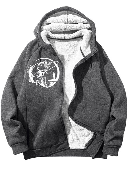 

Men's Fishing Graphic Print Hoodie Zip Up Sweatshirt Warm Jacket With Fifties Fleece, Deep gray, Hoodies&Sweatshirts