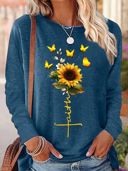 

Women‘s Faith Cotton-Blend Simple Crew Neck Sunflower Long Sleeve Top, Blue, Long sleeves