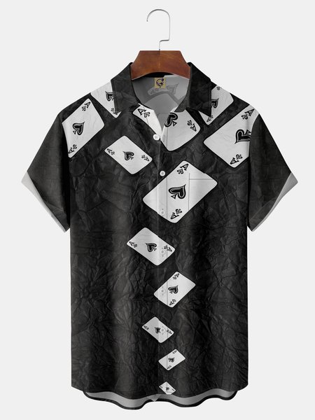 

Poker Cards Chest Pocket Short Sleeve Hawaiian Shirt, Black, Men Shirts