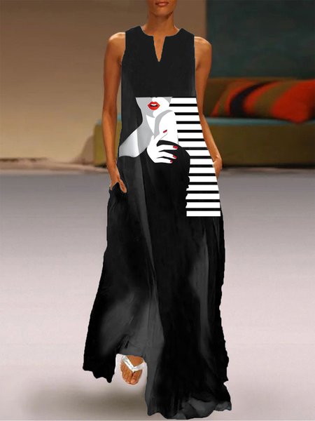 

V Neck Sleeveless Regular Fit Casual Dress, Black, Maxi Dresses