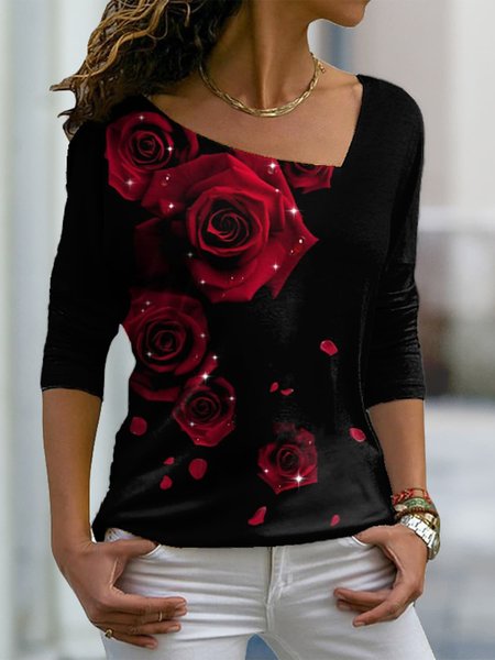 

Floral Regular Fit Casual Top, Black, Tops