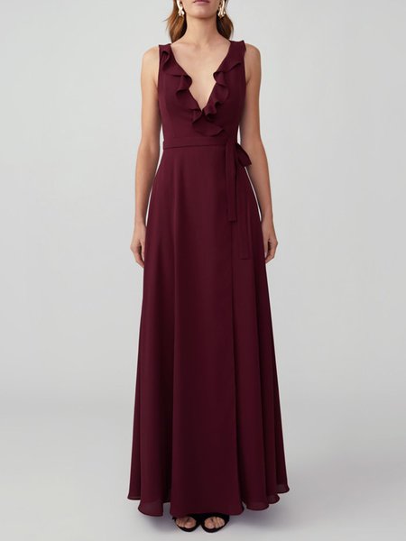 

Regular Fit Elegant V Neck Plain Wedding Dress, Crimson, Maxi Dresses