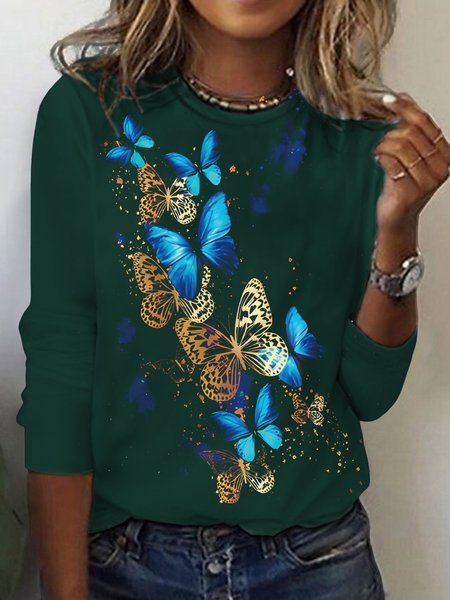 

Casual Butterfly Print Crew Neck T-Shirt, Dark green, T-Shirts