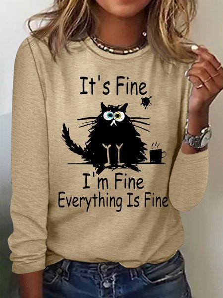 

Women's funny It's Fine I'm Fine Letters Casual Top, Apricot, Long sleeves