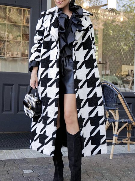 

Urban Loose Houndstooth Long Sleeve Overcoat, Black-white, Coats