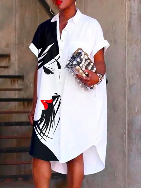 

Shirt Collar Short Sleeve Print Figure Abstract Shirt Dress, Black, Maxi Dresses