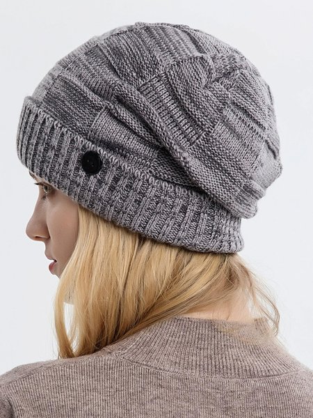 Button Decor Knit Beanie, Gray, Women Hats