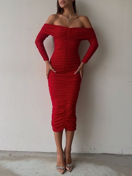 

Elegant Plain Long Sleeve Dress & Party Dress, Red, Midi Dresses