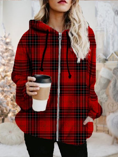 

Casual Plaid Loose Hoodie Other Coat, Red, Coats