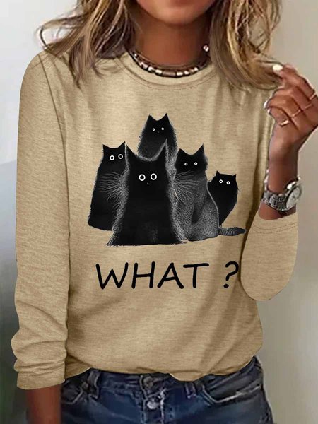 

Women's Black Cat What Simple Regular Fit Text Letters Long Sleeve Top, Khaki, Long sleeves