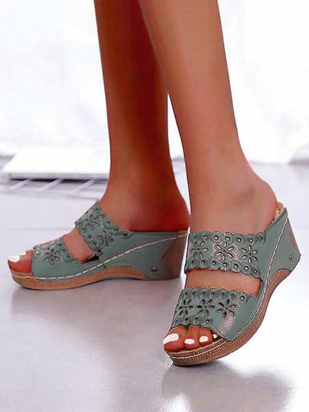

Embroidered Cutout Platform Wedge Slipper Sandals, Green, Sandals