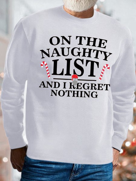 

Men's On The Naughty List And I Regret Nothing Funny Merry Christmas Graphic Printing Crew Neck Casual Santa Claus Loose Sweatshirt, White, Hoodies&Sweatshirts