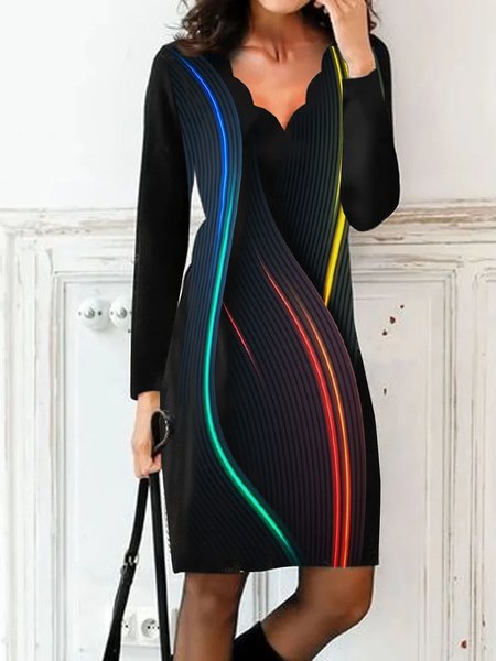 V Neck Casual Regular Fit Dress, Black, Dresses
