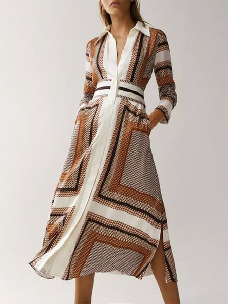 

Midi Elegant Regular Fit Shirt Collar Plaid Dress, Yellow, Midi Dresses